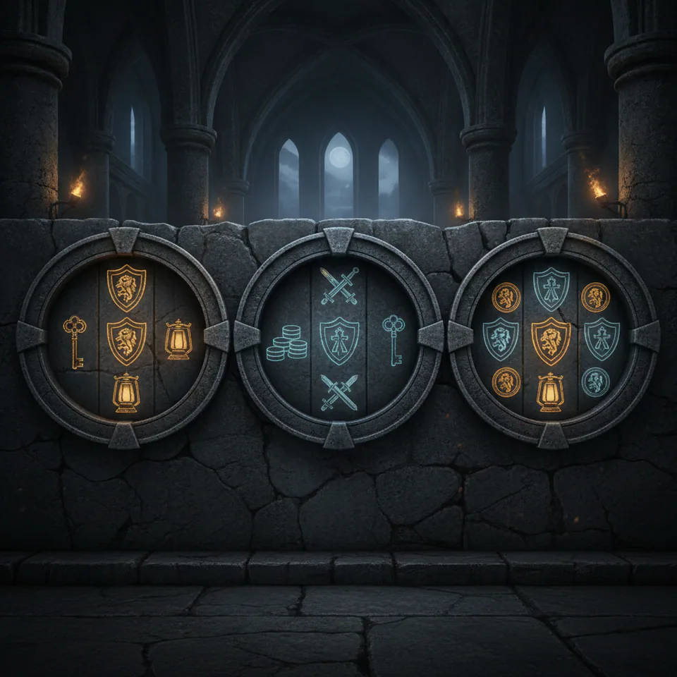 Ironvault Reels — three stone medallion reels in the fortress great hall